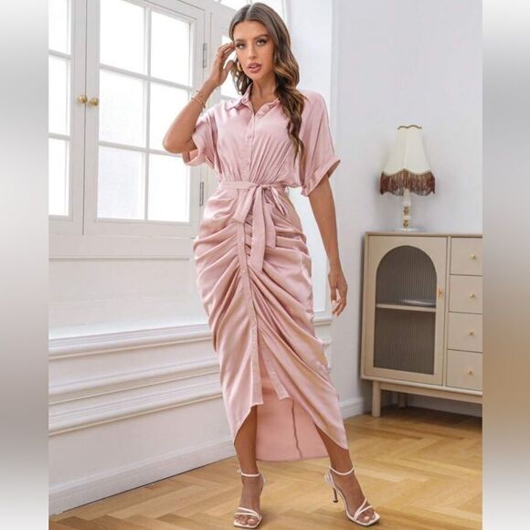 Elegant Satin Button Down Short Sleeve Maxi Shirt Dress with Belt Large - Picture 1 of 16